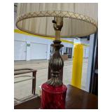 Tall Vintage Ruby Red Glass Table Lamp Ornate Metal Base Pleated Shade