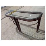 Modern Glass Top Console Table Curved Wood Frame and Metal Accents