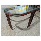 Modern Glass Top Console Table Curved Wood Frame and Metal Accents