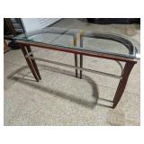 Modern Glass Top Console Table Curved Wood Frame and Metal Accents