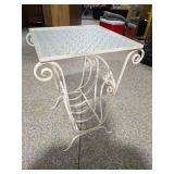Vintage White Wrought Iron Side Table Magazine Rack w/ Textured Glass Top