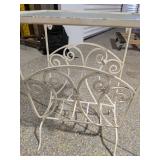 Vintage White Wrought Iron Side Table Magazine Rack w/ Textured Glass Top