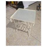 Vintage White Wrought Iron Side Table Magazine Rack w/ Textured Glass Top