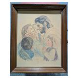 Framed Religious Pencil Sketch Print Jesus with Children Signed J. Hook