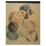 Framed Religious Pencil Sketch Print Jesus with Children Signed J. Hook