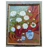 Original Oil Painting T. Samantha Cook 1979 White Flowers Bamboo Frame