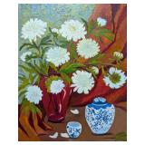 Original Oil Painting T. Samantha Cook 1979 White Flowers Bamboo Frame