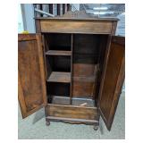 Antique Dark Wood Tall Bedroom Cabinet / Armoire Carved Doors