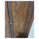Antique Dark Wood Tall Bedroom Cabinet / Armoire Carved Doors