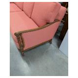 Vintage French Provincial Sofa Couch Pink Coral Upholstery Carved Wood