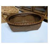 Lot of Two Woven Baskets: Large Wicker w/ Blue Handle & Dark Tray Basket