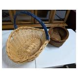 Lot of Two Woven Baskets: Large Wicker w/ Blue Handle & Dark Tray Basket