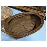 Lot of Two Woven Baskets: Large Wicker w/ Blue Handle & Dark Tray Basket