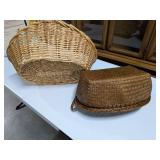 Lot of Two Woven Baskets: Large Wicker w/ Blue Handle & Dark Tray Basket