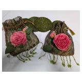 Lot: Two Ornate Silk Drawstring Pouches & Green Beaded Coasters