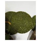 Lot: Two Ornate Silk Drawstring Pouches & Green Beaded Coasters