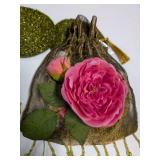 Lot: Two Ornate Silk Drawstring Pouches & Green Beaded Coasters