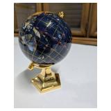 Small Gemstone Globe Desk Ornament w/ Blue Lapis Oceans & Brass Base 5.5" H