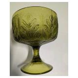 Vintage Avocado Green Glass Compote Dish w/ Raised Leaf Pattern (1976)