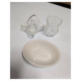 Lot of 3 Small Decorative Tabletop Items: Clear Glass Basket, Flower Vase & Homer Laughlin Dish