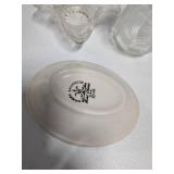 Lot of 3 Small Decorative Tabletop Items: Clear Glass Basket, Flower Vase & Homer Laughlin Dish