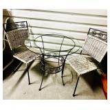 3-Piece Bistro Set: Glass Top Wrought Iron Table & 2 Woven Chairs