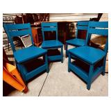Lot of 6 Kids Chairs: 4 Solid Wood Blue & 2 Stackable Orange Plastic