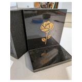 Pair of Polished Black Granite Bookends with Gold Rose Inlay