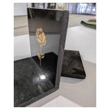 Pair of Polished Black Granite Bookends with Gold Rose Inlay