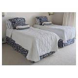 ML - Twin Bed Set with Blue and White Calico Corners Comforters, Garnet Hill Sheets, Mattresses and Frames