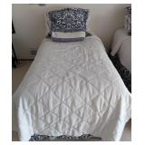 ML - Twin Bed Set with Blue and White Calico Corners Comforters, Garnet Hill Sheets, Mattresses and Frames