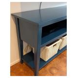 ML - Blue Painted Storage Console Table with 3 Wicker Baskets