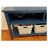 ML - Blue Painted Storage Console Table with 3 Wicker Baskets