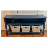 ML - Blue Painted Storage Console Table with 3 Wicker Baskets