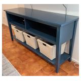 ML - Blue Painted Storage Console Table with 3 Wicker Baskets