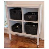 ML - White Rolling Storage Cabinet with 4 Black Wicker Baskets