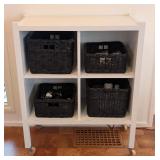ML - White Rolling Storage Cabinet with 4 Black Wicker Baskets