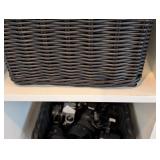 ML - White Rolling Storage Cabinet with 4 Black Wicker Baskets