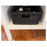ML - White Rolling Storage Cabinet with 4 Black Wicker Baskets