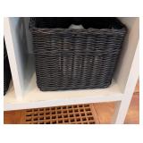 ML - White Rolling Storage Cabinet with 4 Black Wicker Baskets