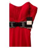 LL - La Femme Red Pleated Gown with Rhinestone Waist Detail Size 8
