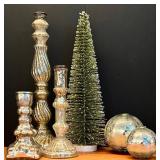 LL - Christmas Decor Set with Mercury Glass Candle Holders, Tabletop Tree, and Silver Orbs