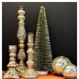 LL - Christmas Decor Set with Mercury Glass Candle Holders, Tabletop Tree, and Silver Orbs