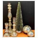 LL - Christmas Decor Set with Mercury Glass Candle Holders, Tabletop Tree, and Silver Orbs