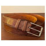 Mens Lizard Embossed Brown Leather Belt with Silver Buckle
