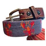 Set of 2 Island Company and Needlepoint Canvas Belts with Brass and Leather Accents