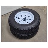 (2) New Qingda ST175/80D13 Trailer Tires on 5 Bolt White Spoke Wheels