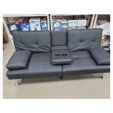 Faux Leather Upholstered Convertible Sofa Bed Futon w/ 2 Cupholders (Black)