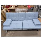 Linen Upholstered Convertible Sofa Bed Futon w/ 2 Cupholders (Light Blue)