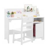 Garvee Kids Study Desk with Chair, Wooden Children Study Table, Kids Desk & Chair Sets with Hutch and Storage Cabinet for 3-12 Year Old, Student Writing Desk for Kids Bedroom & Study Room (White)